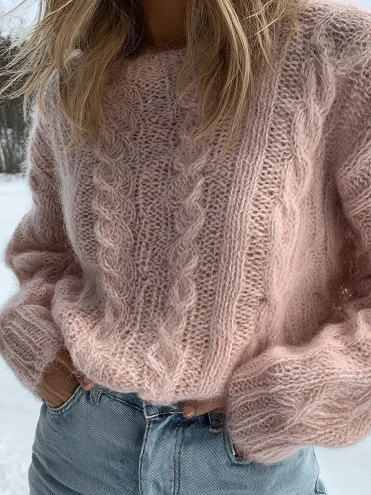 Women's Pink Cable Knit Warm Crew Neck Sweater