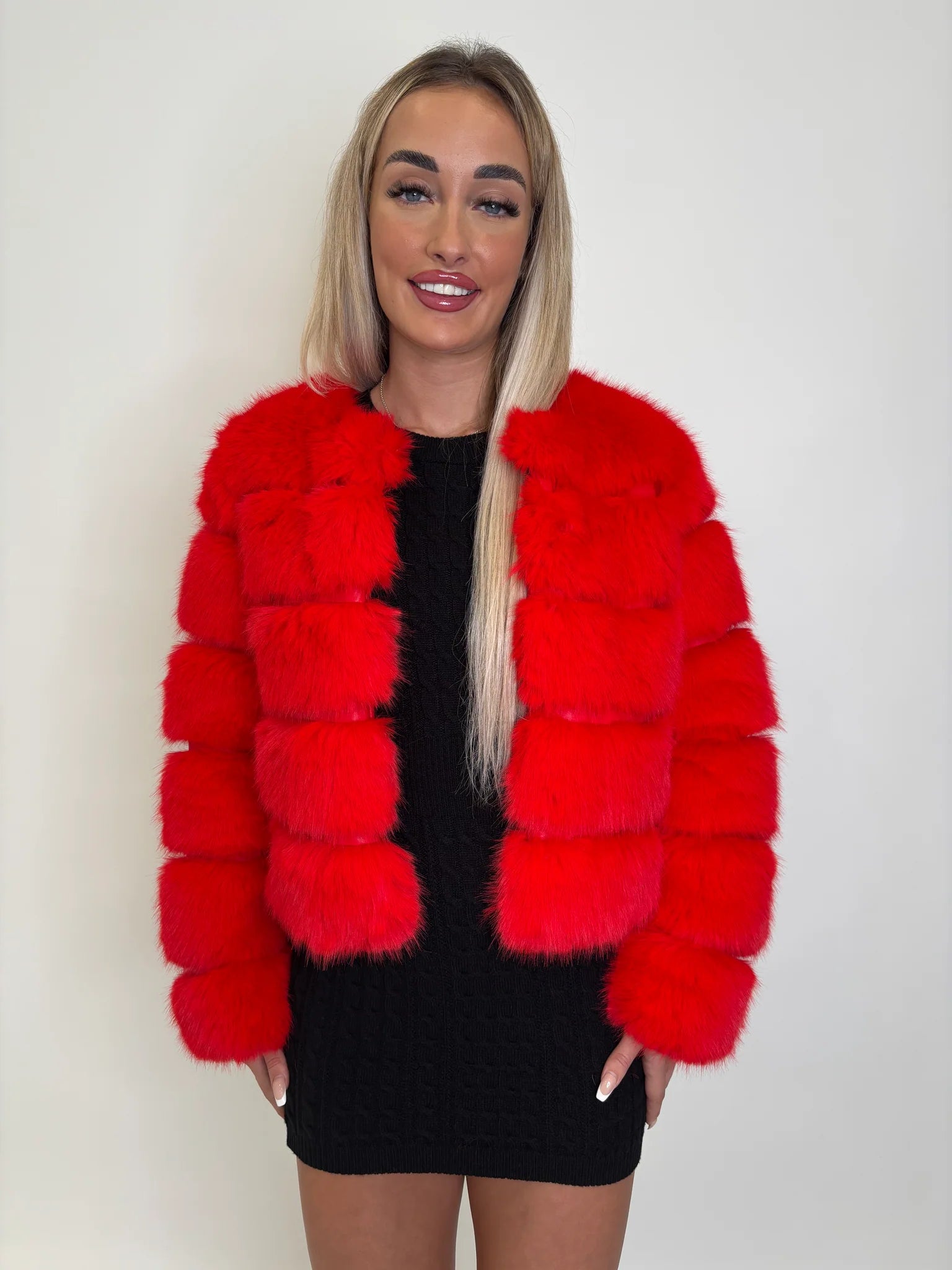 Faux Fur Cropped Collarless -Tiered Panel Winter Fluffy Soft Bubble Chunky Thick Coat Jacket Comfort Womenswear