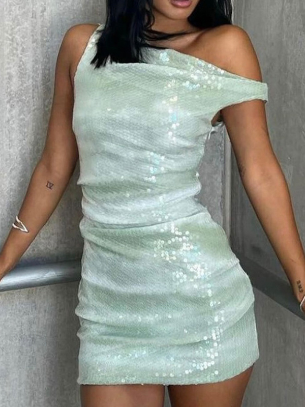 Shiny Sequinned Sleeveless Off-The-Shoulder Wrap Sexy Mini Dresses