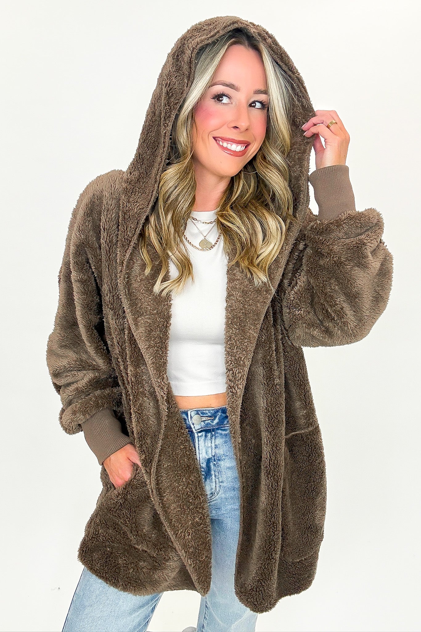 Cozy Crest Hooded Faux Fur Jacket