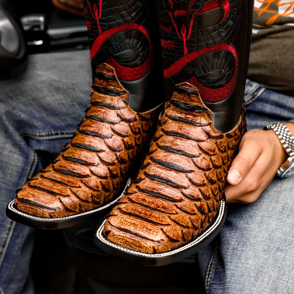 Honey Cognac Python Leather Boots - Square Toe