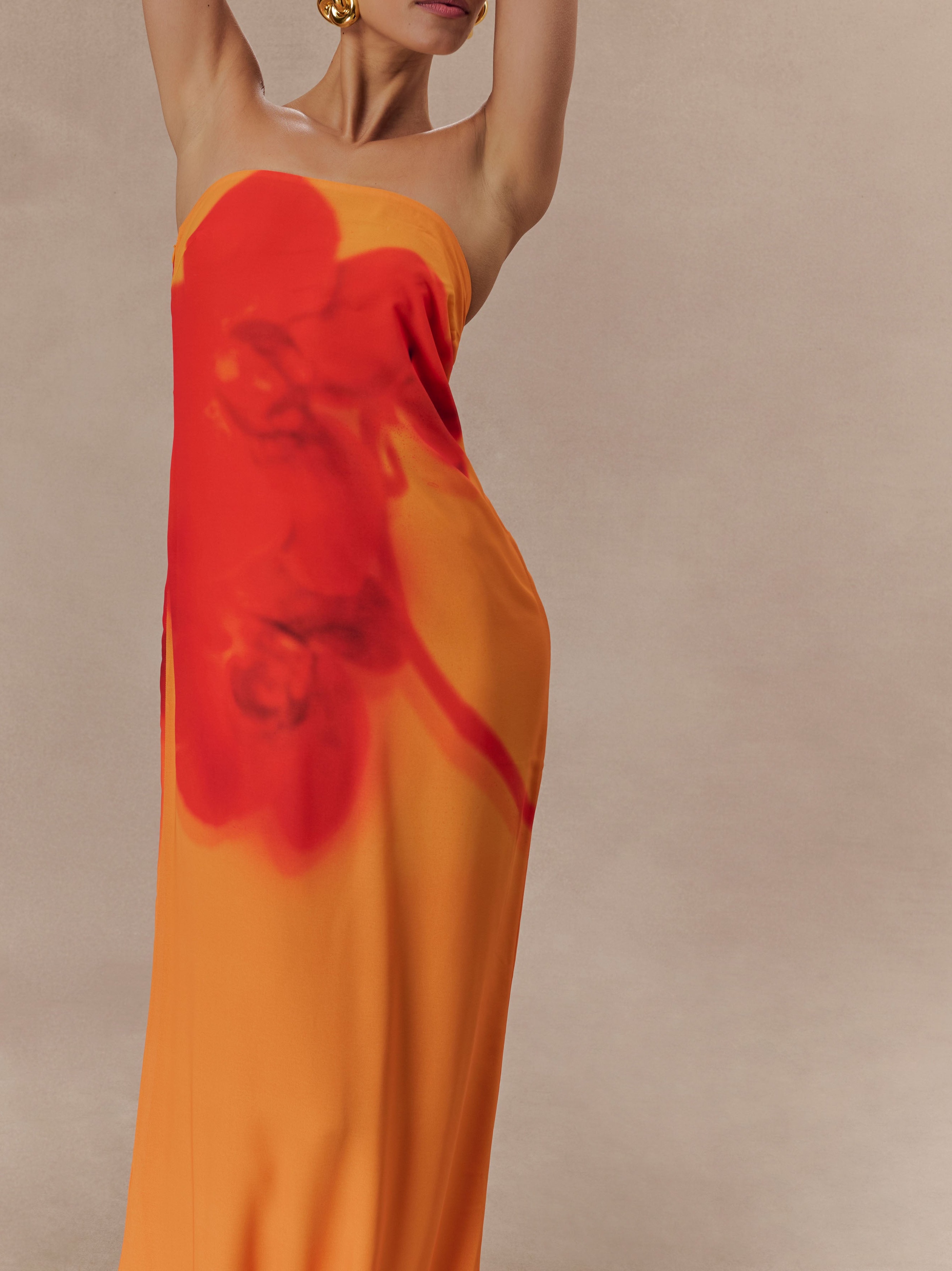 Print Strapless Chiffon Maxi Dress