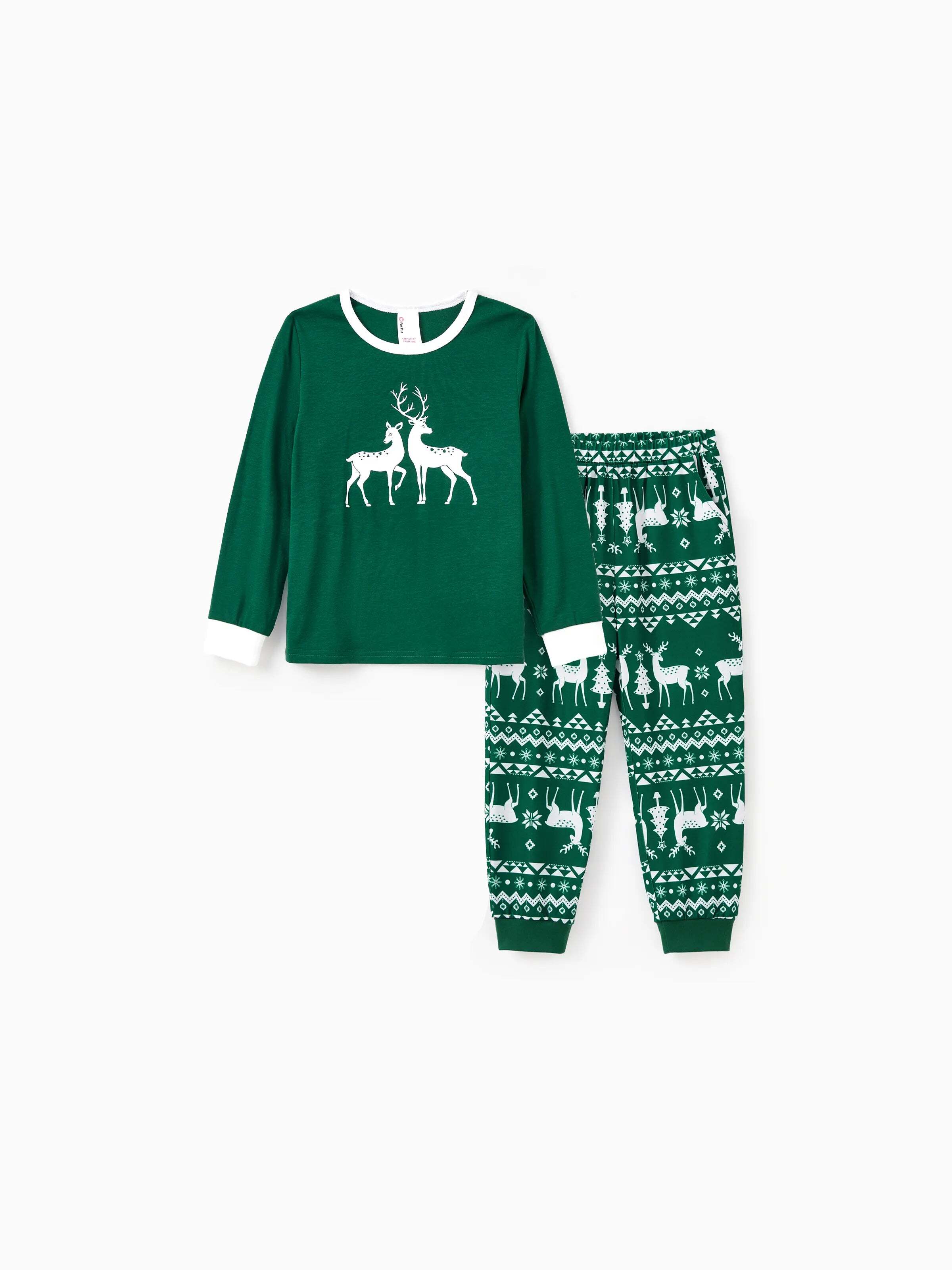 Christmas Family Matching Glow in the Dark Reindeer Tops Allover Pattern Pants Pajamas Sets with Christmas Socks blackishgreen