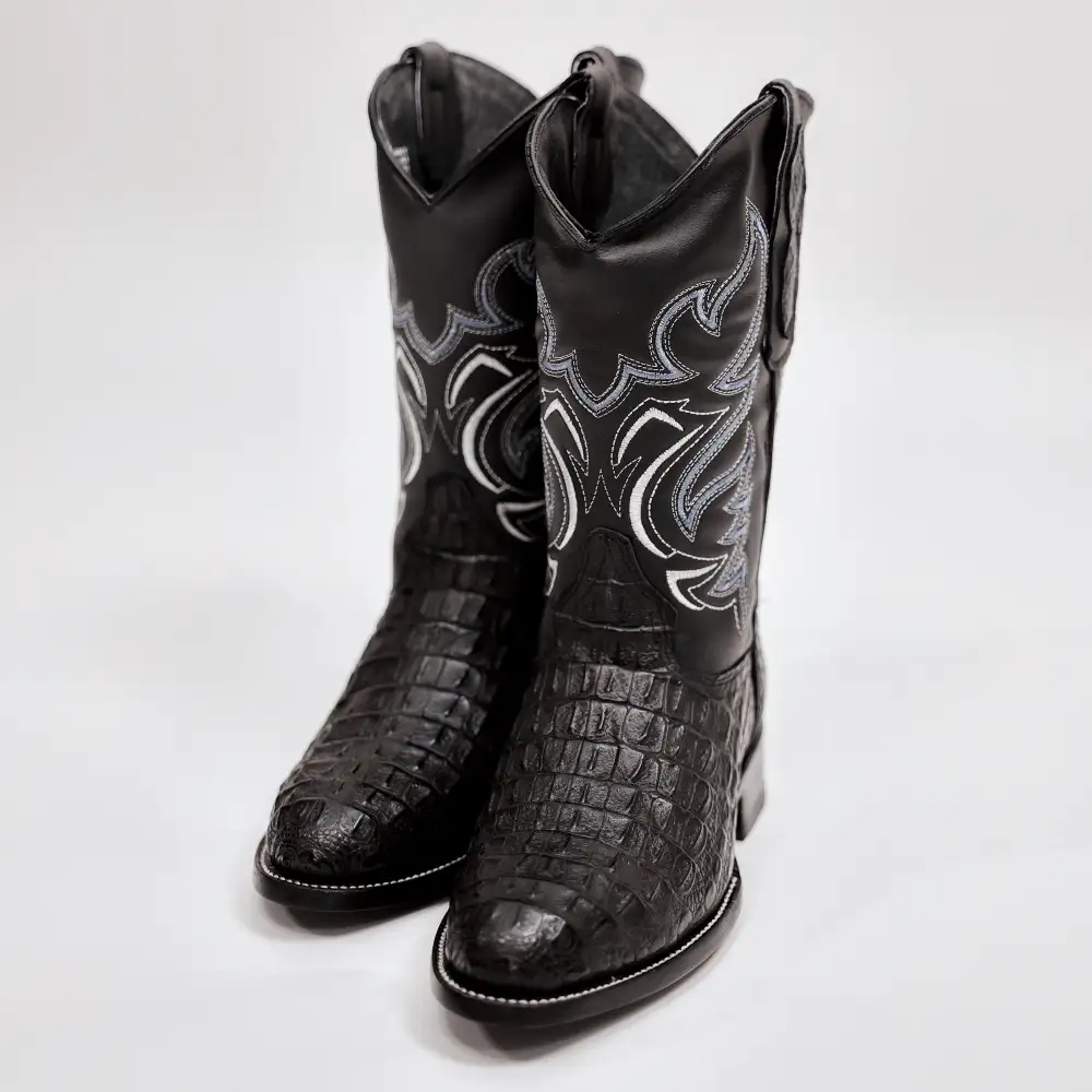Black Caiman Hornback Leather Boots - Round Toe