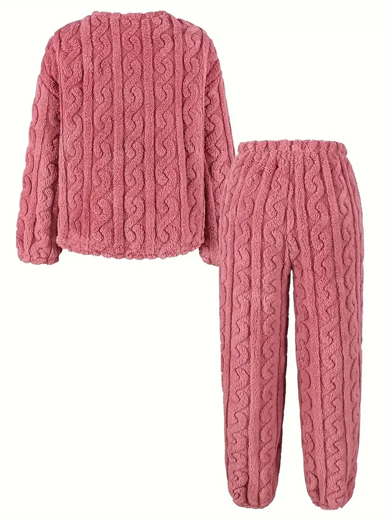 Women'S Cozy Plush Pajama Set - 100% Polyester Long Sleeve Crew Neck Loungewear with Solid Color Pullover Top and Long Pants for