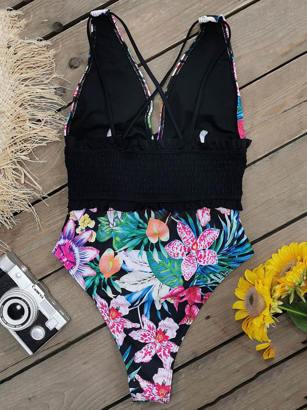 Floral Printed Ruffled V-Neck One-Piece Swimwear