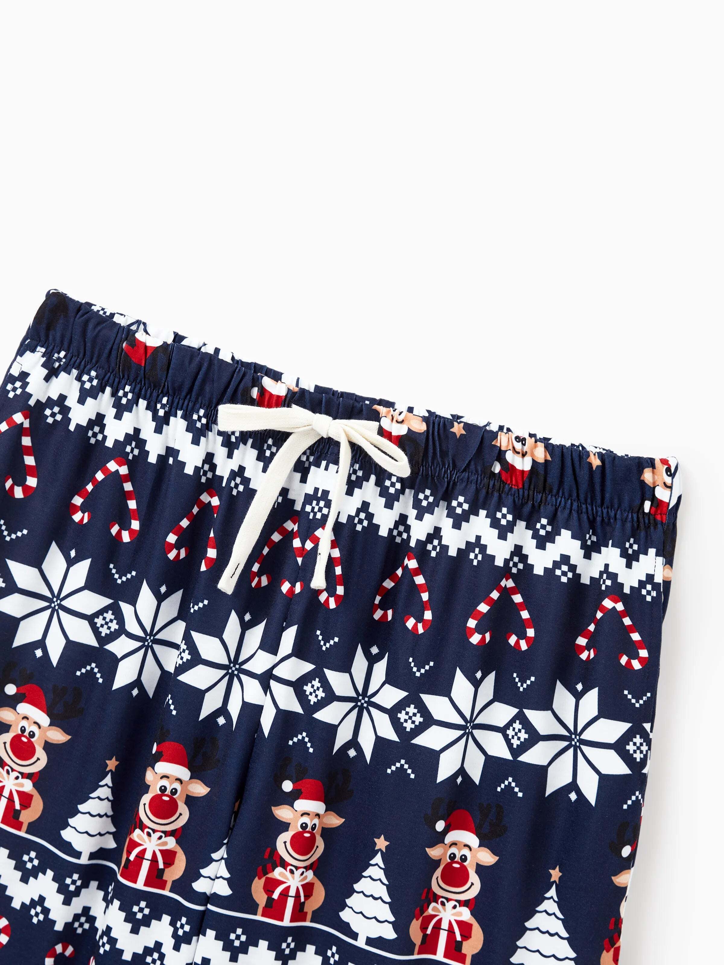 Christmas Matching Family Pajamas Set Reindeer and Snowflake Print PJS Deep Blue