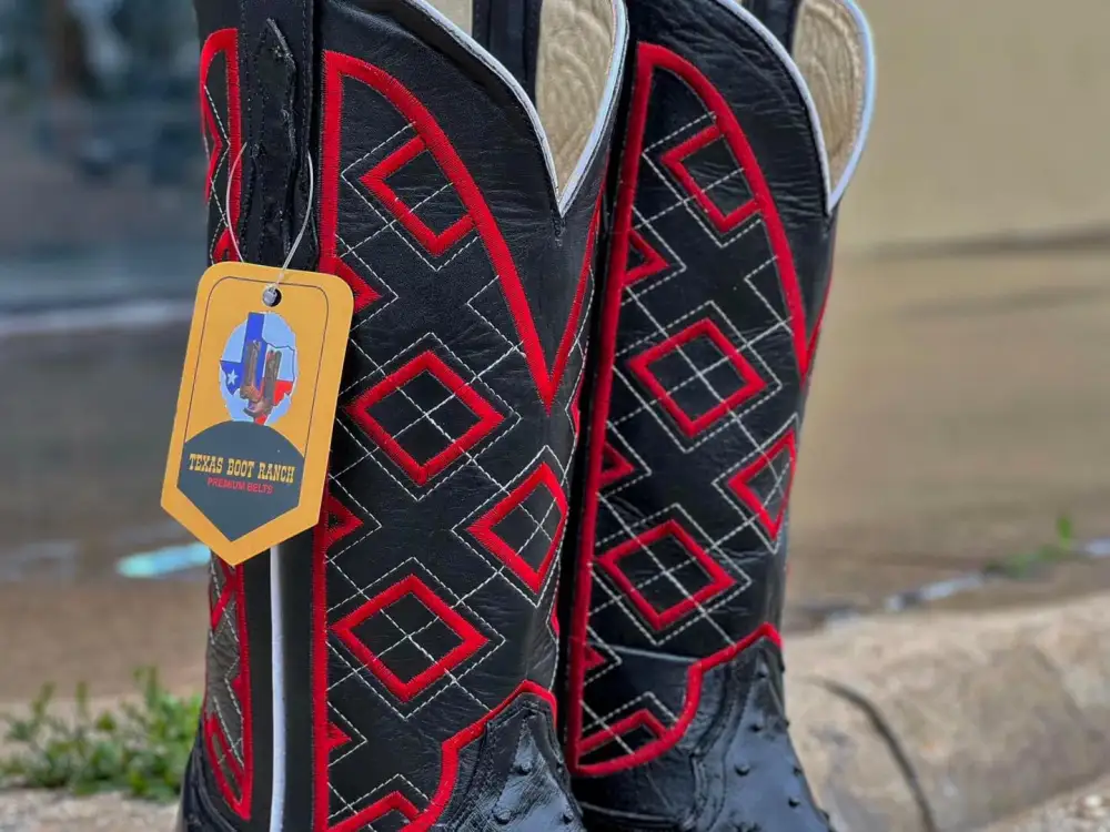 Men’s Black Ostrich Leather Boots With Black / Red Embroidery Shaft