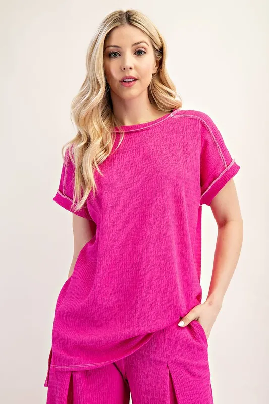 Celeste Full Size Relaxed-fit Textured Top with Short Sleeves Plus Size