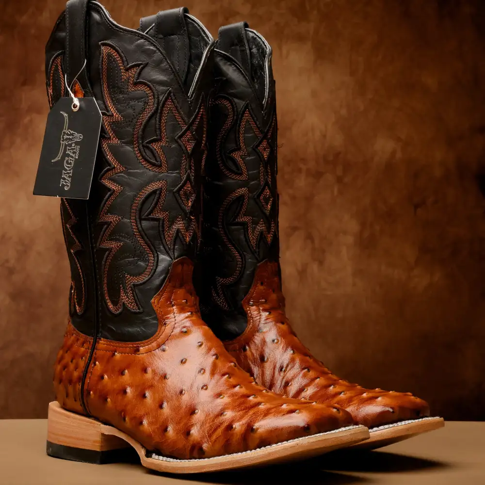 Cognac Ostrich Leather Boots - Square Toe