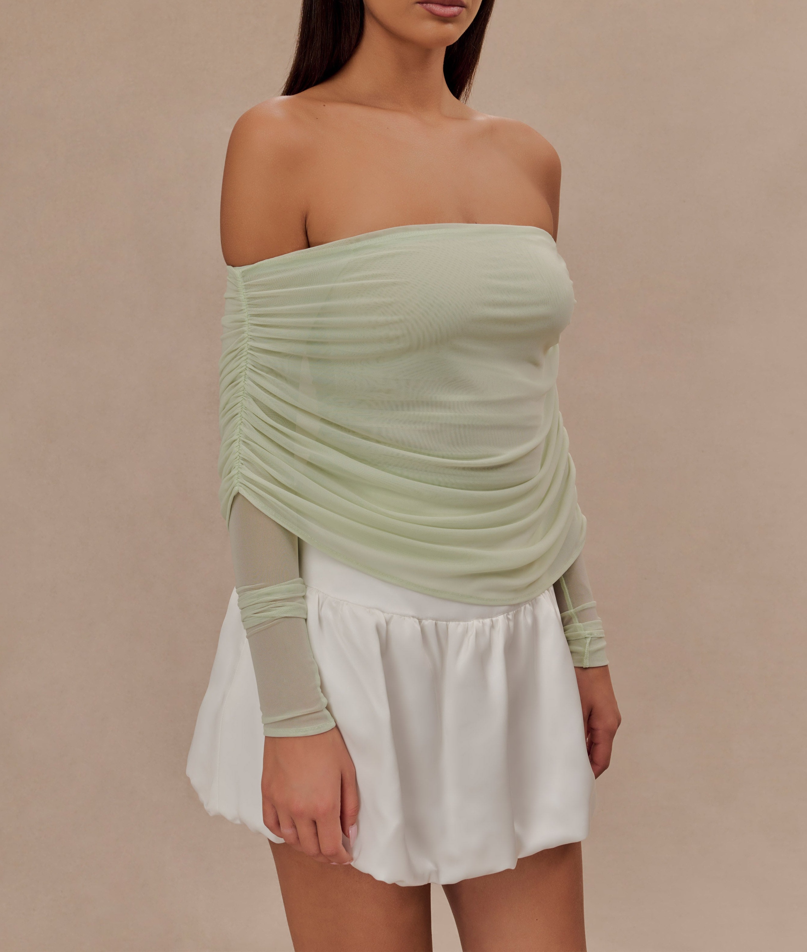 Green Sheer Mesh Off Shoulder Top