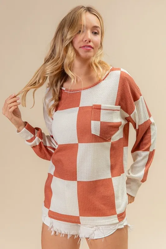 Checker Printed Hacci Top With Front Pocket