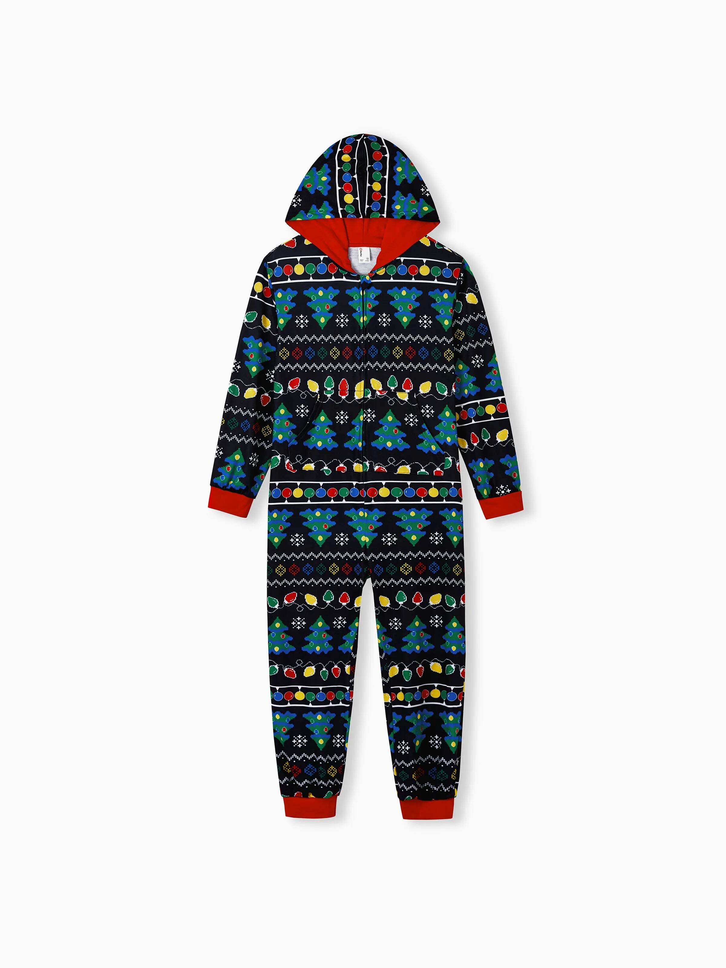 Christmas Onesies Matching Family Pajamas Set Christmas Tree Print PJS with Christmas Socks Black