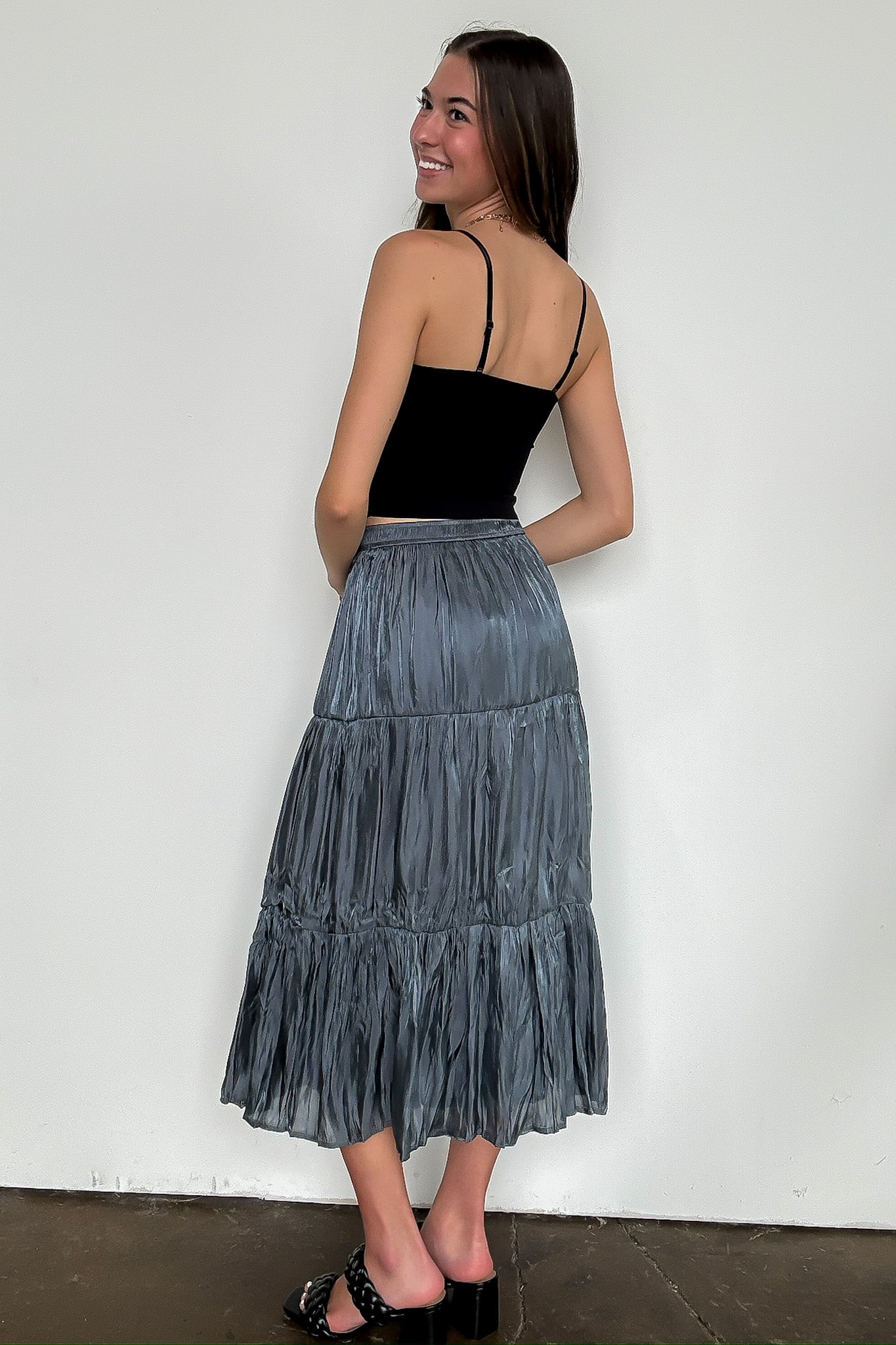 Captivating Delight Tiered Crinkle Shimmer Satin Skirt