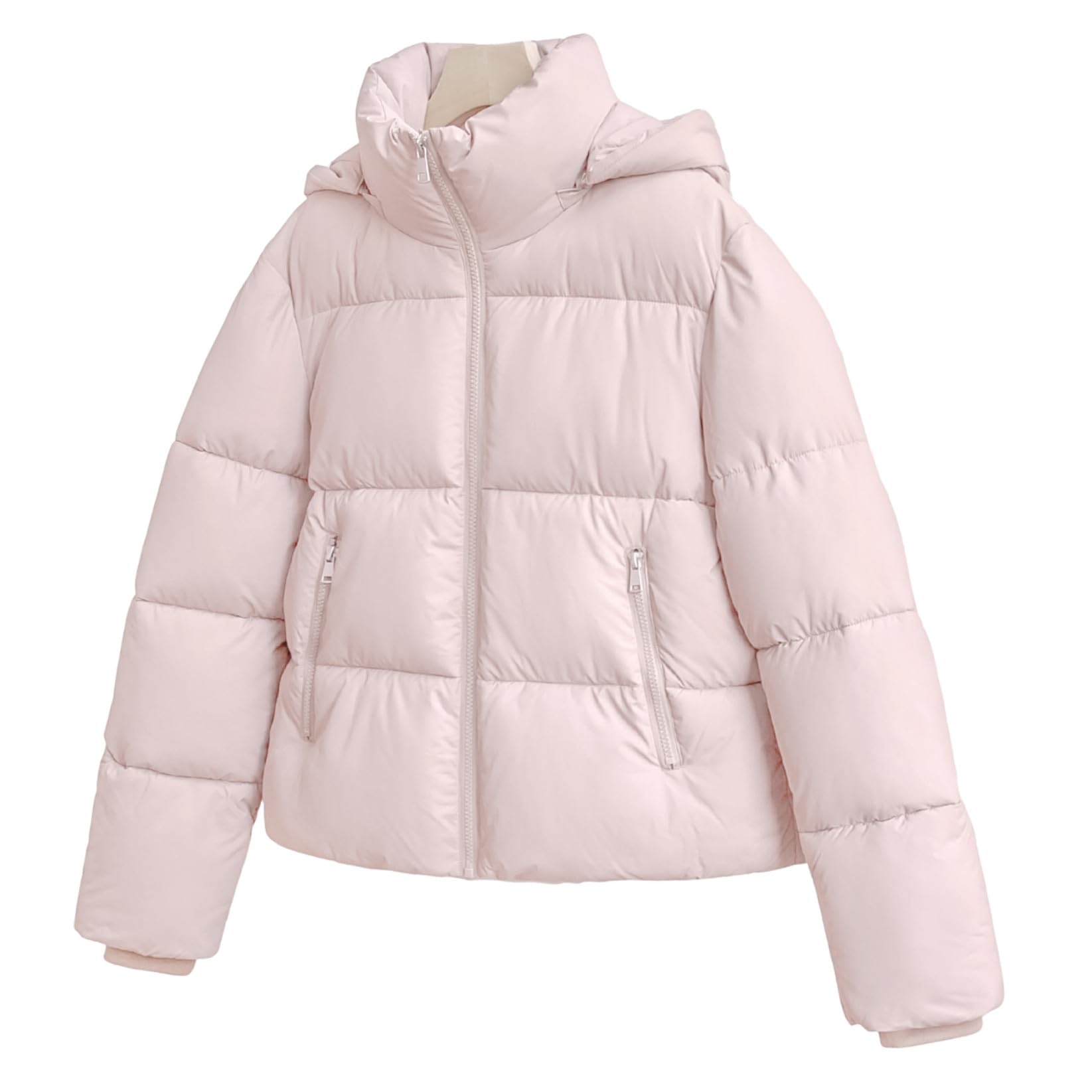 WarmCore Premium Short Puffer Jackets with Removable Hood & Optional Faux Fur Linging, Lady Casual Outerwear Longsleeves Zip Pockets Warm Quilted Coat