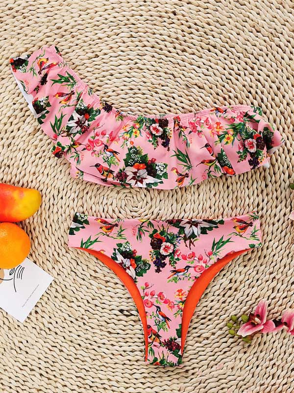 One-Shoulder Falbala Floral Print Padded Bralette High-Waisted Bikini Swimwear