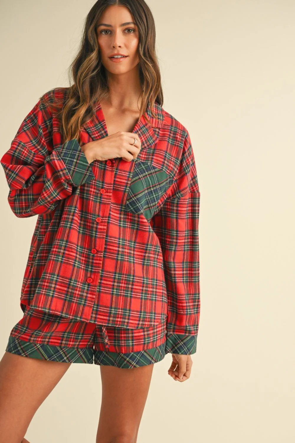 Wear Contrast Plaid Long Sleeve Top and Shorts Set