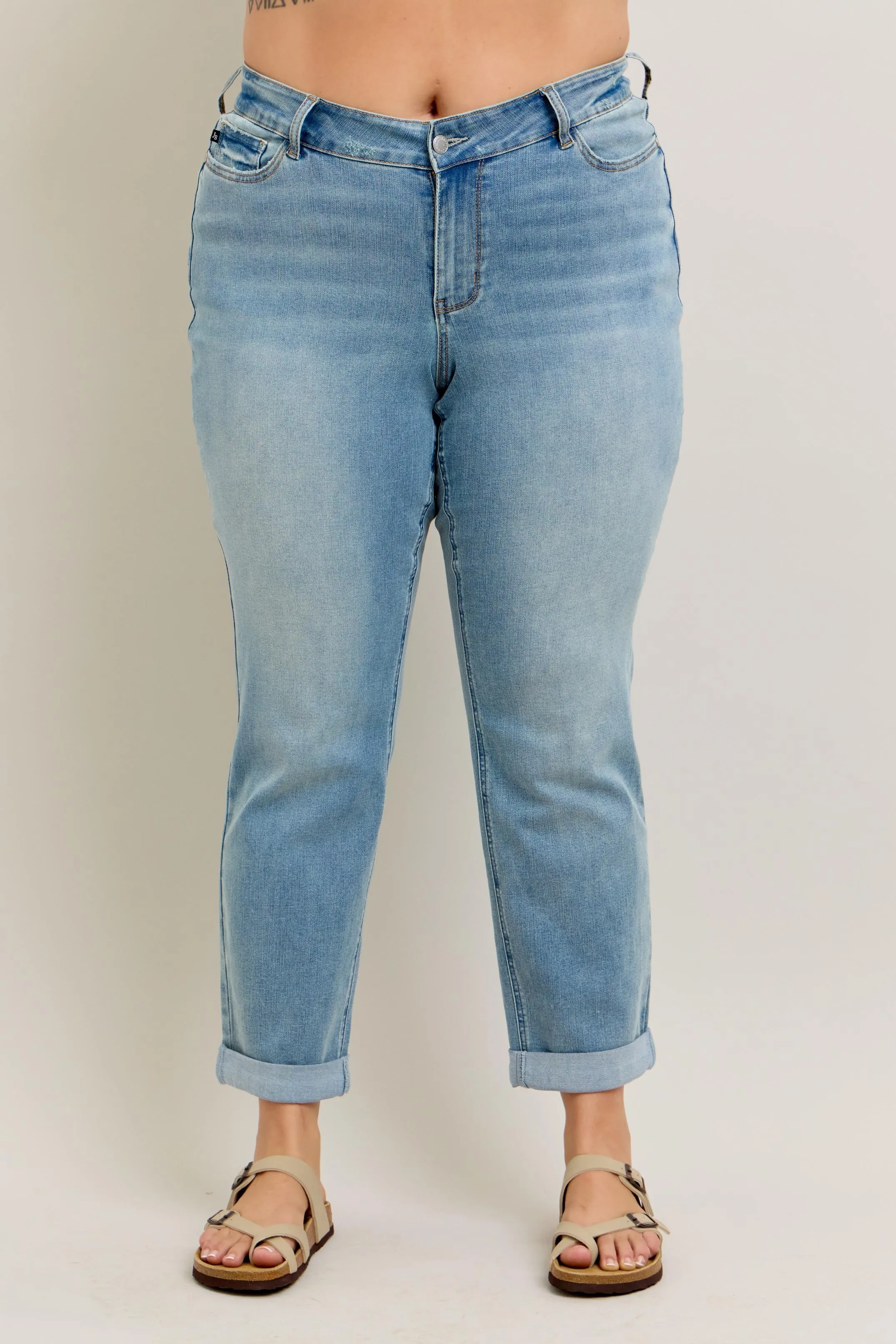 Blue Full Size V-Front Cuff Boyfriend Jeans Plus Size