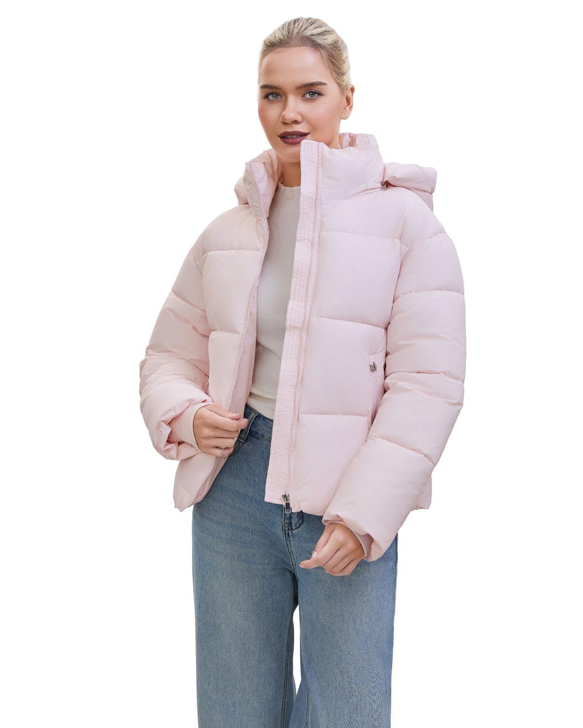 WarmCore Premium Short Puffer Jackets with Removable Hood & Optional Faux Fur Linging, Lady Casual Outerwear Longsleeves Zip Pockets Warm Quilted Coat