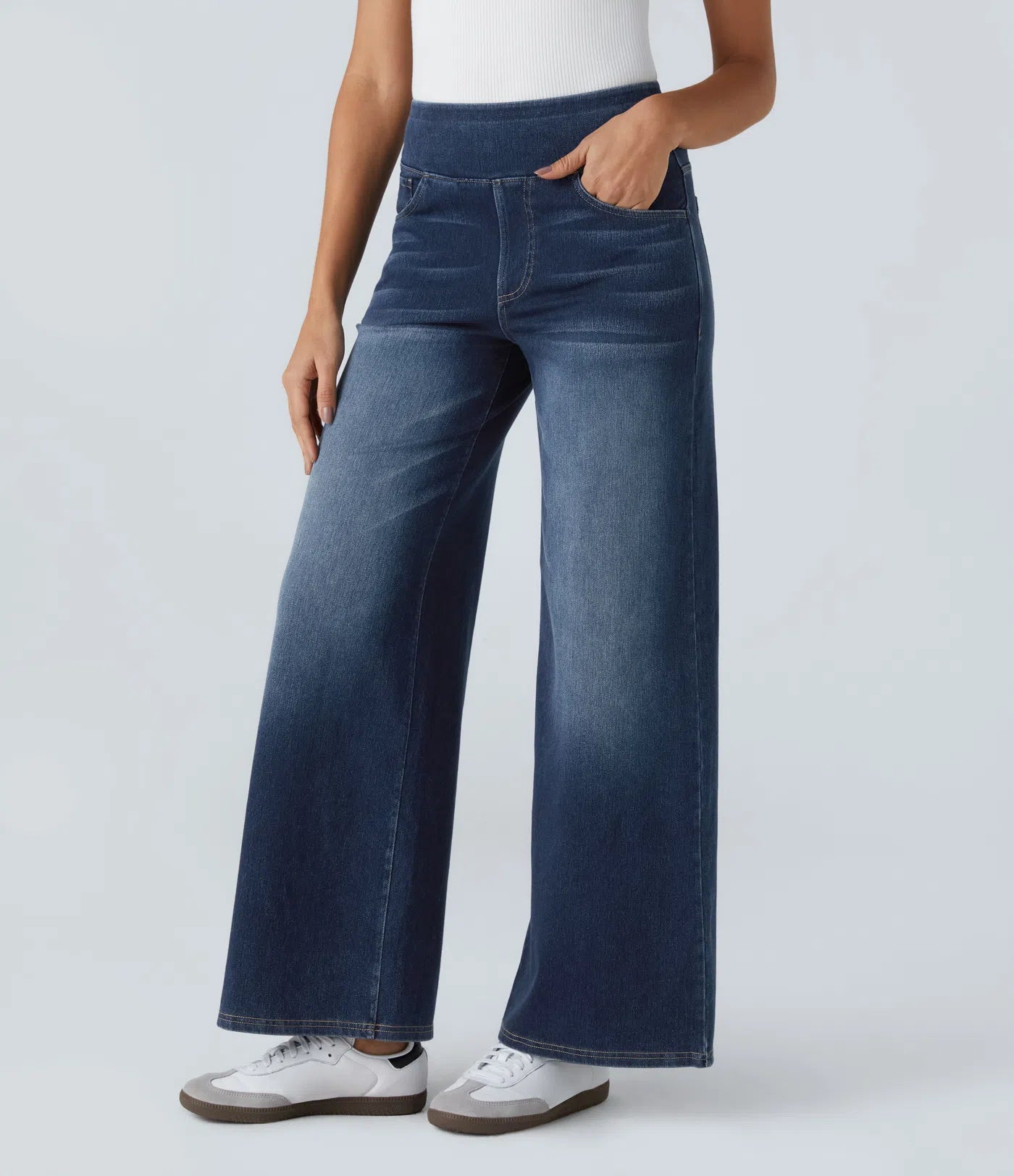 High Waisted Pockets Baggy Wide Leg Washed Casual Jeans