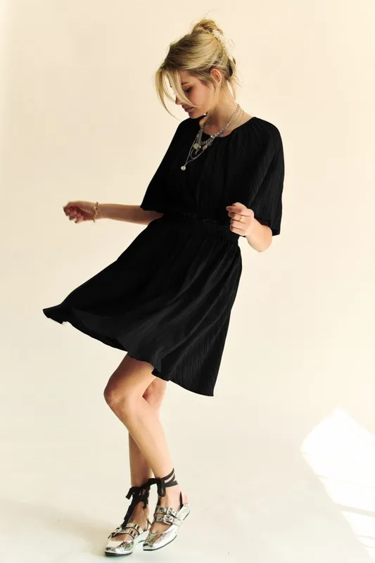 Back Button Puff Sleeve Mini Dress