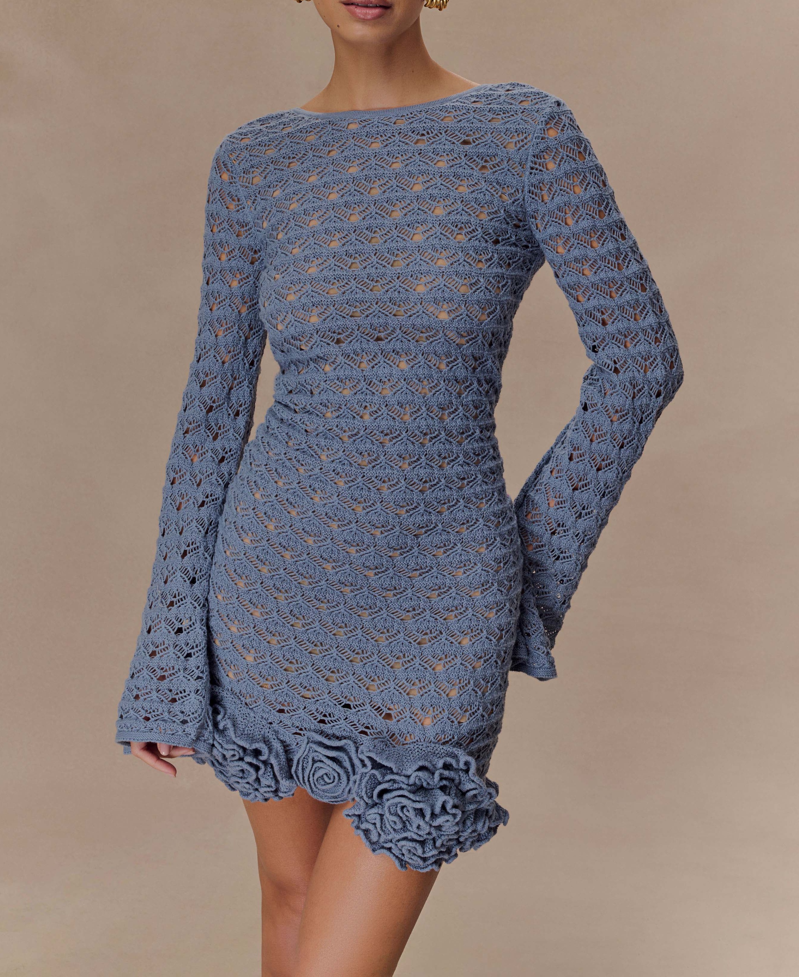 Blue Ruffle Crochet Mini Dress