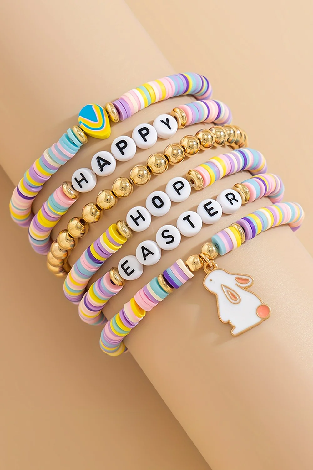 Gold Happy Easter Letter Beaded Elastic Multi Layer Bracelet