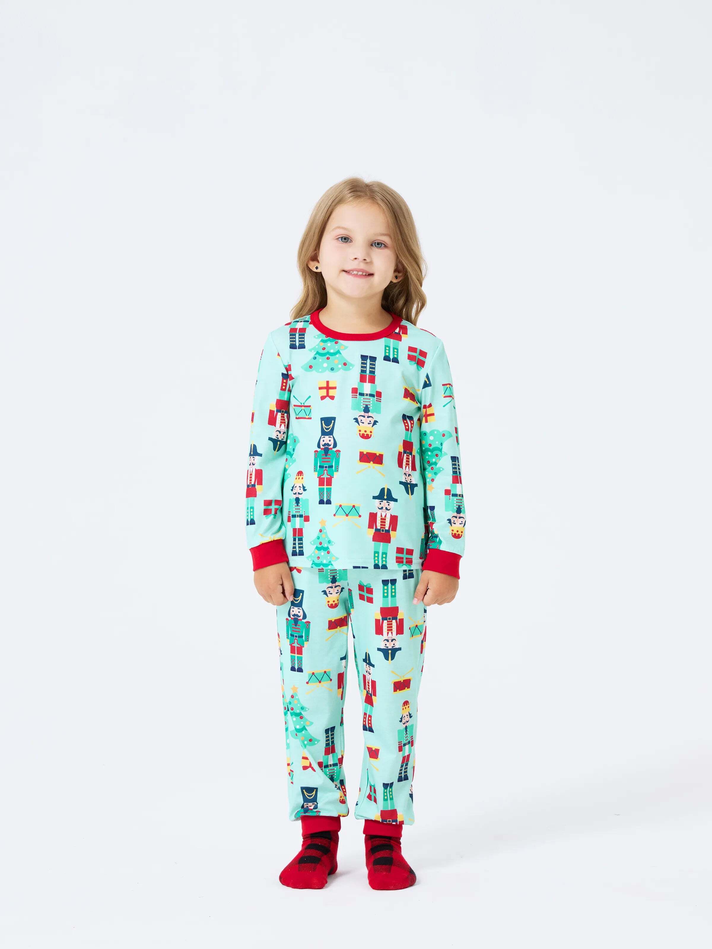 Christmas Matching Family Pajamas Set Soldier and Christmas Tree Print PJS with Christmas Socks Pale Green