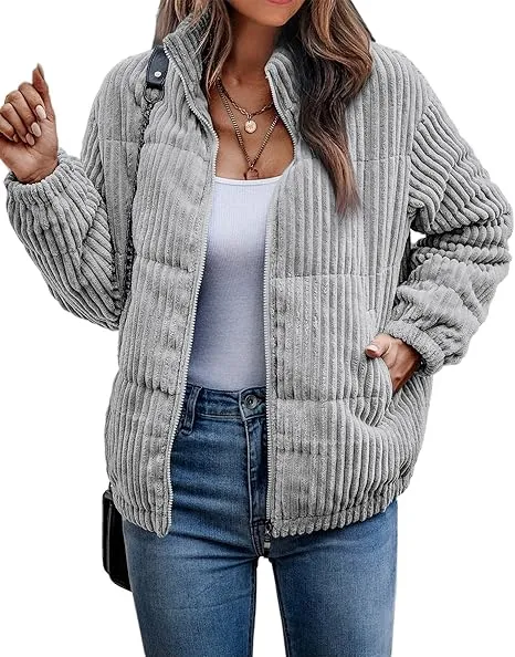 Women's Bomber Jacket Corduroy Ribbed Quilted Zip Up Long Sleeve Winter Coat Fall Outerwear Tops with Pockets