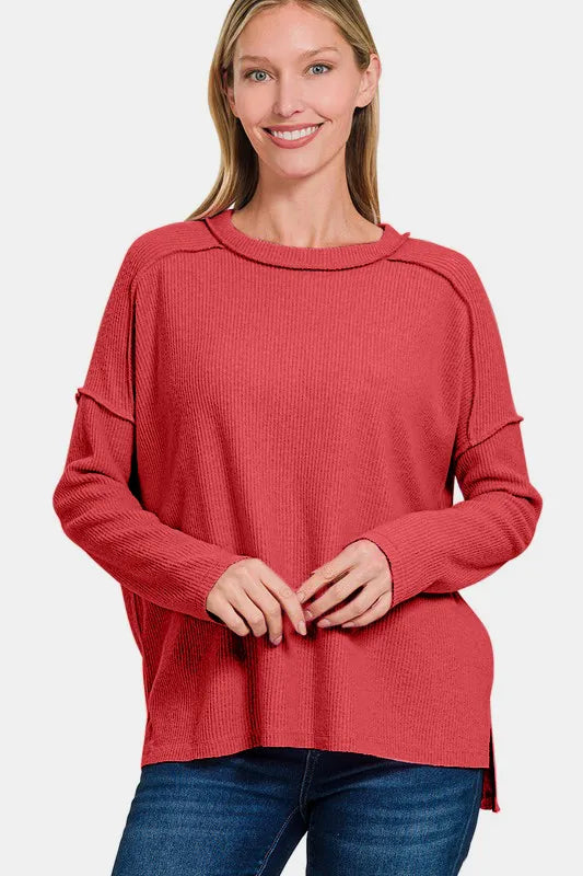 Full Size Exposed Seam Brushed Round Neck Sweater