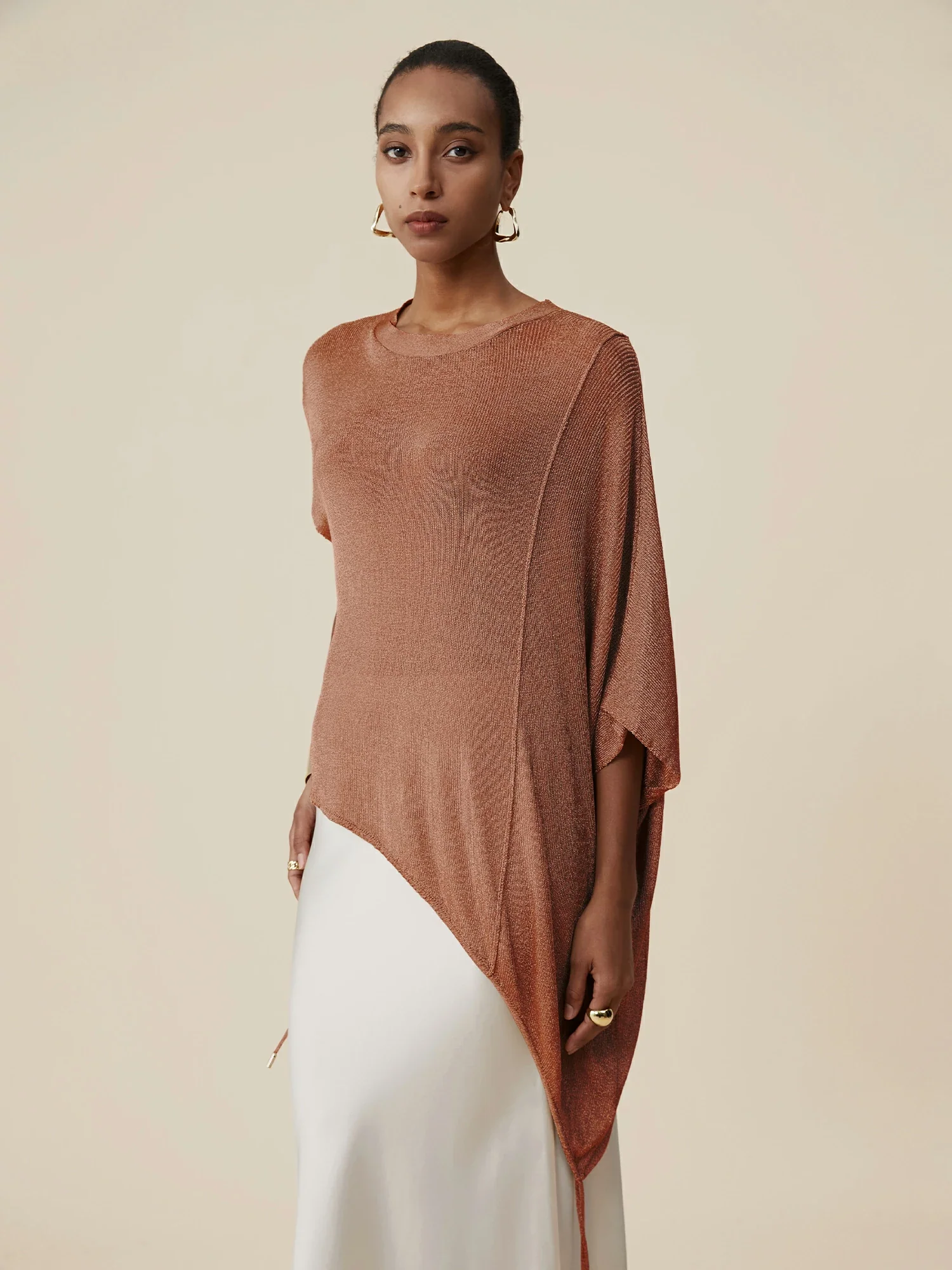 Round Neck Short Sleeve Drawstring Glitter Top