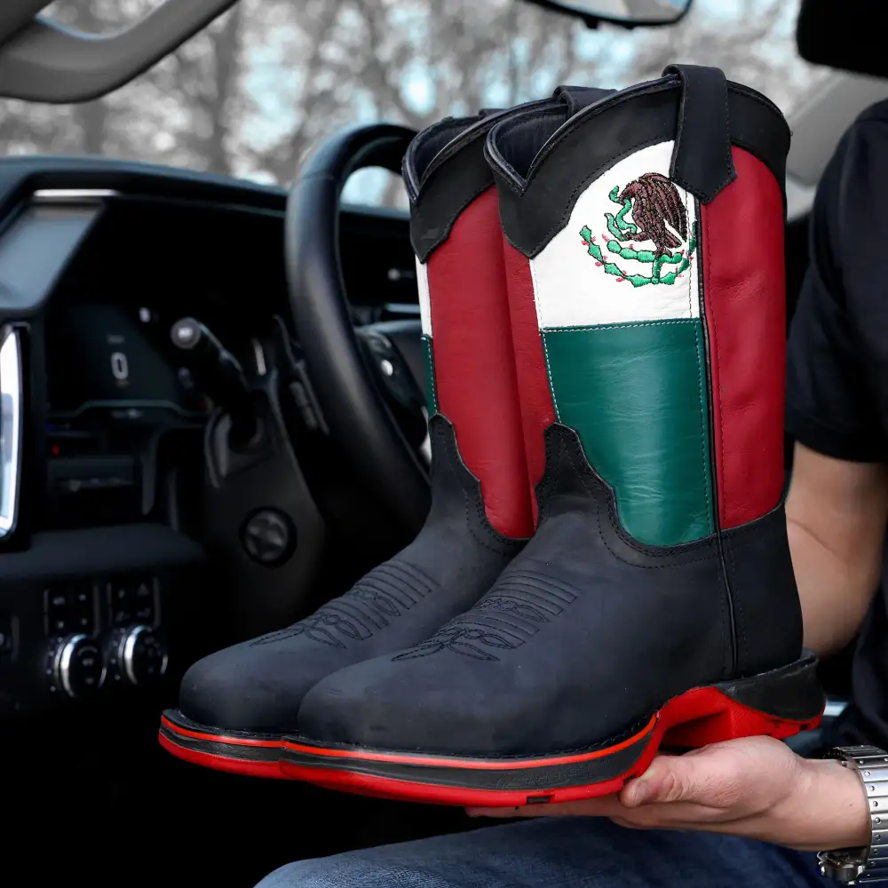 Black MEXICO Flag Leather Work Boots - Composite Toe