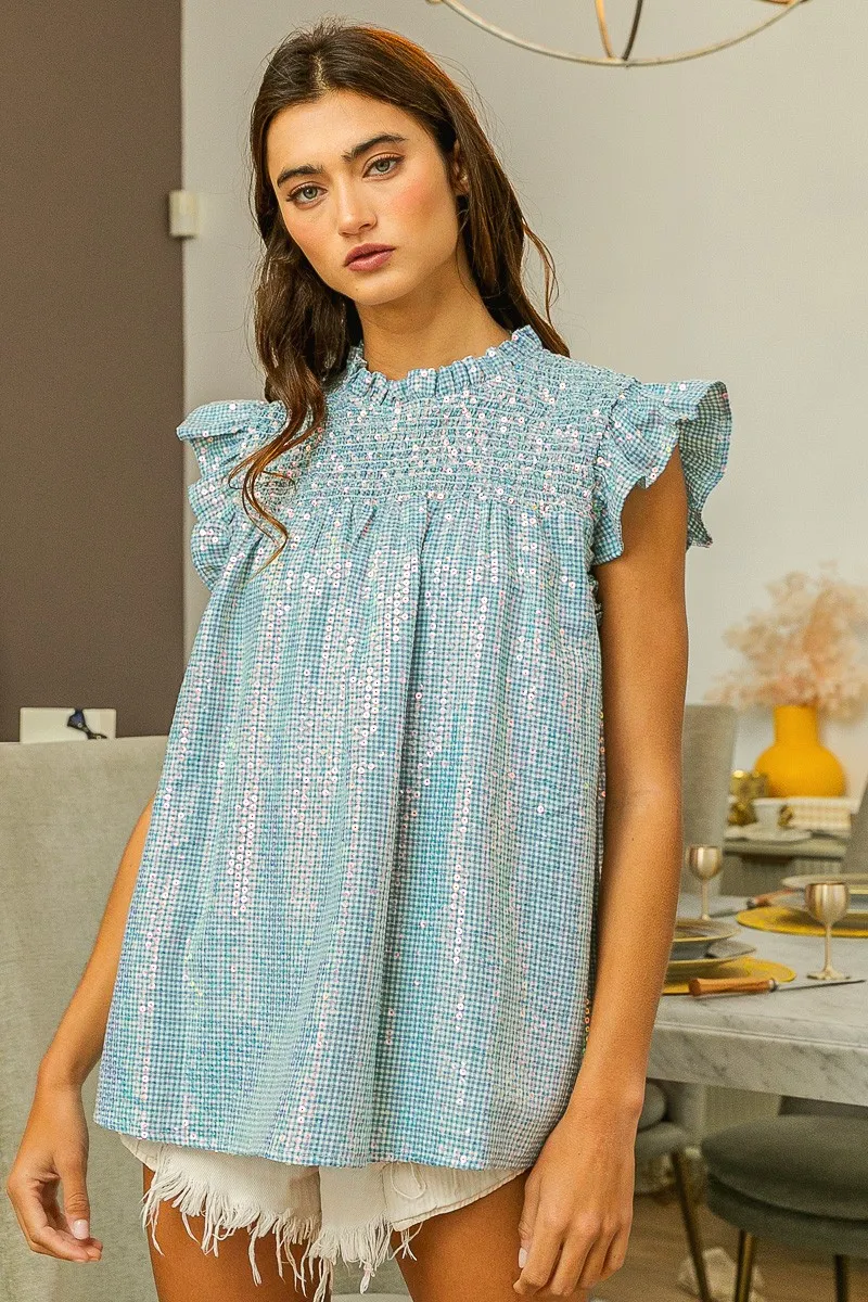 Clear Sequin All-over Gingham Smocked Top