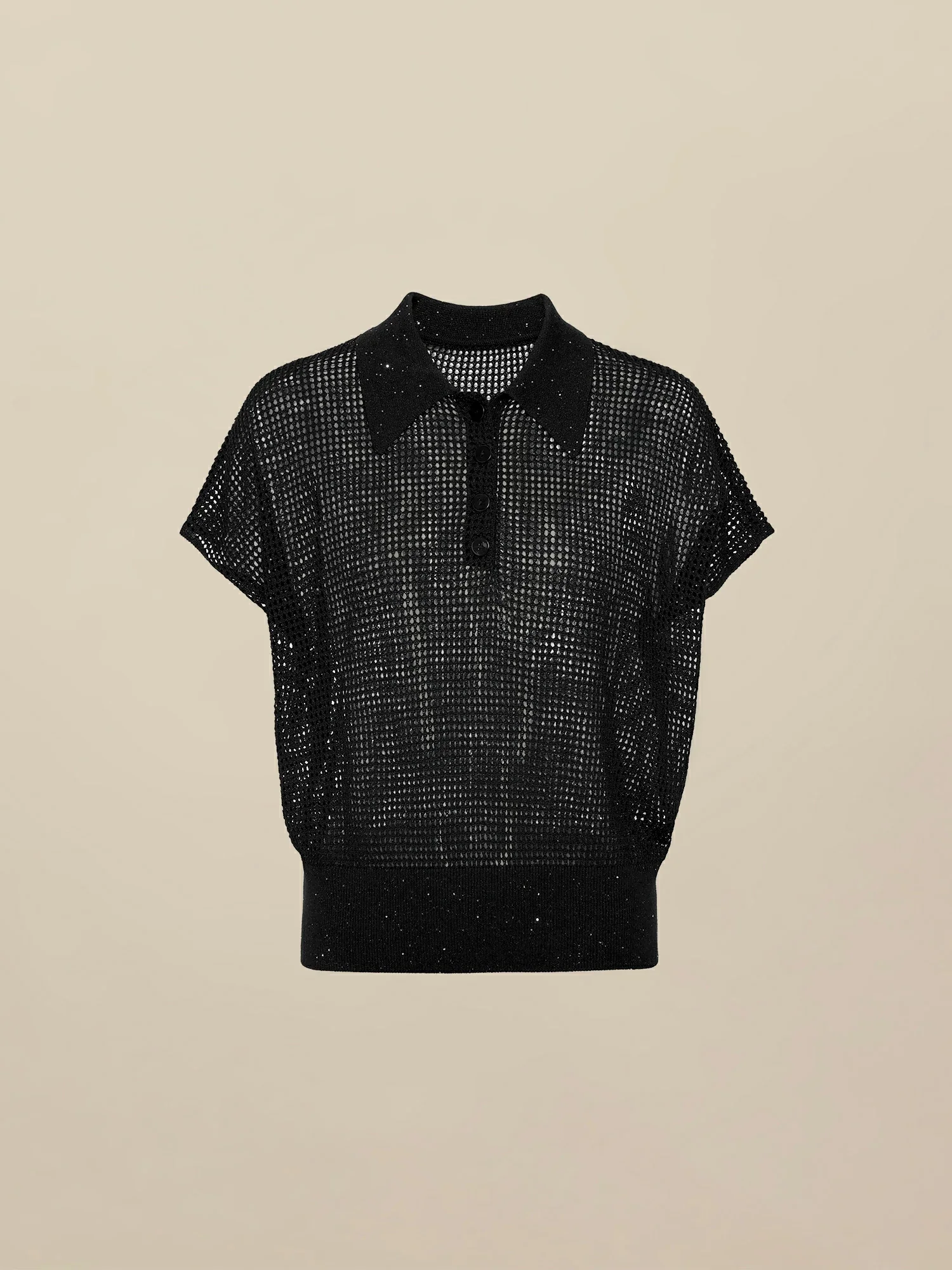 Lyocell & Linen Polo Neck Sequin Openwork Shirt