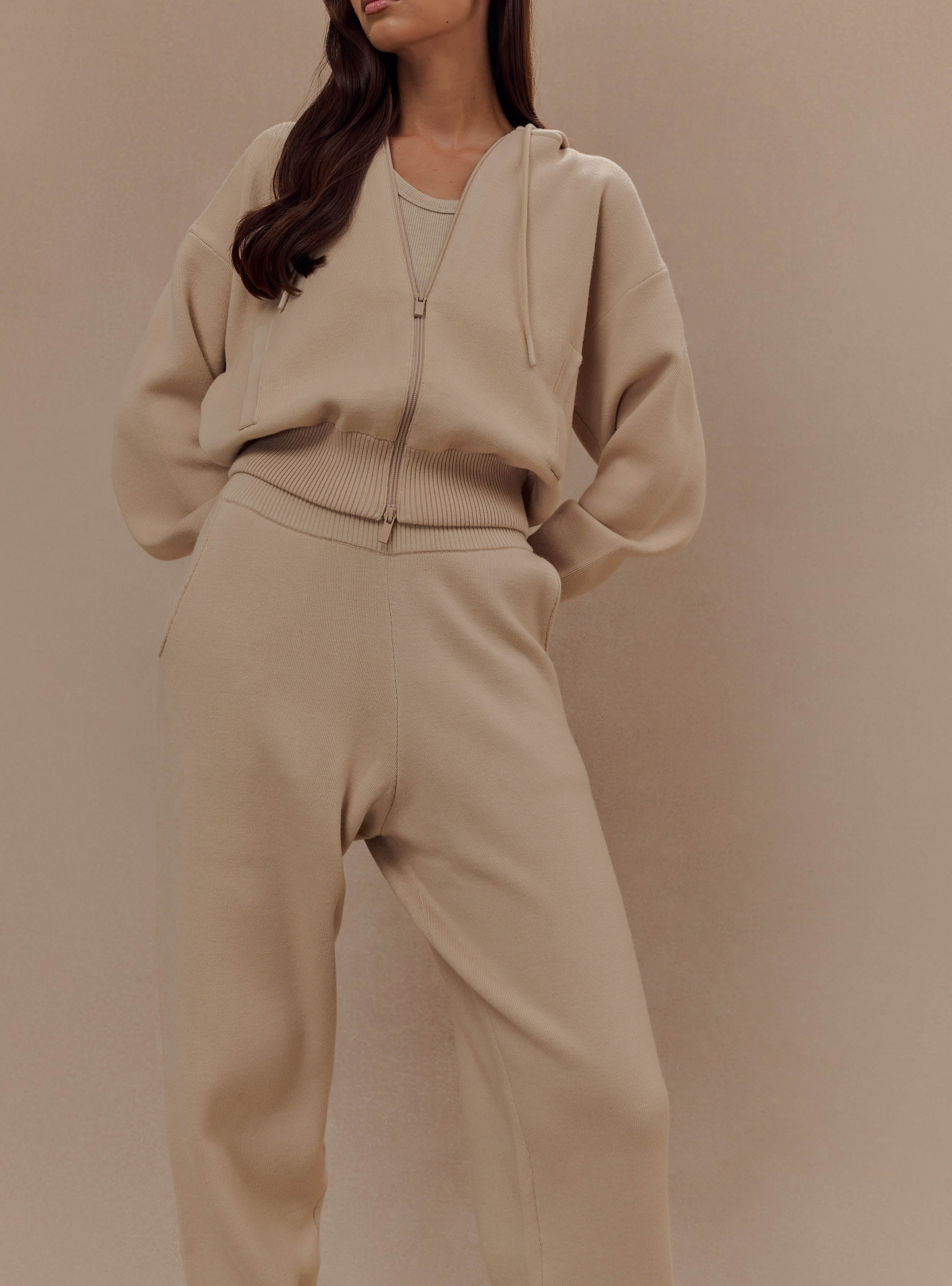 Camel Zip Front Knit Hoodie