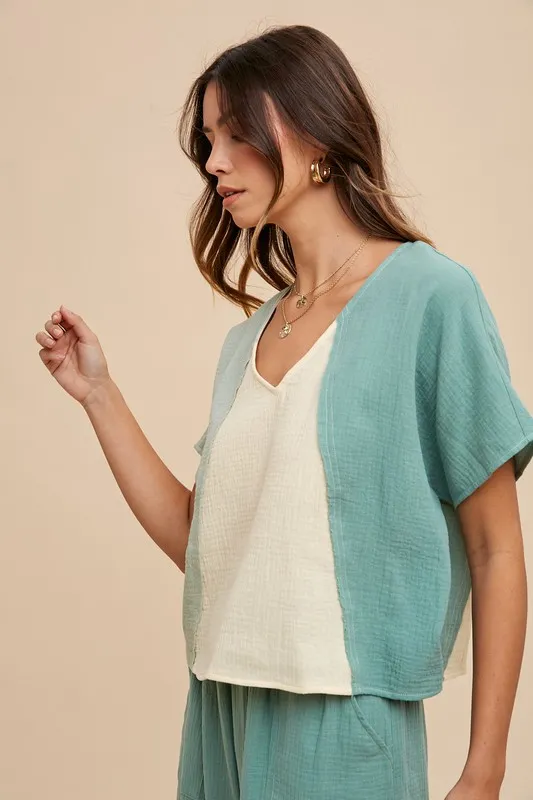 Wear Color Block Cotton Gauze V-Neck Top