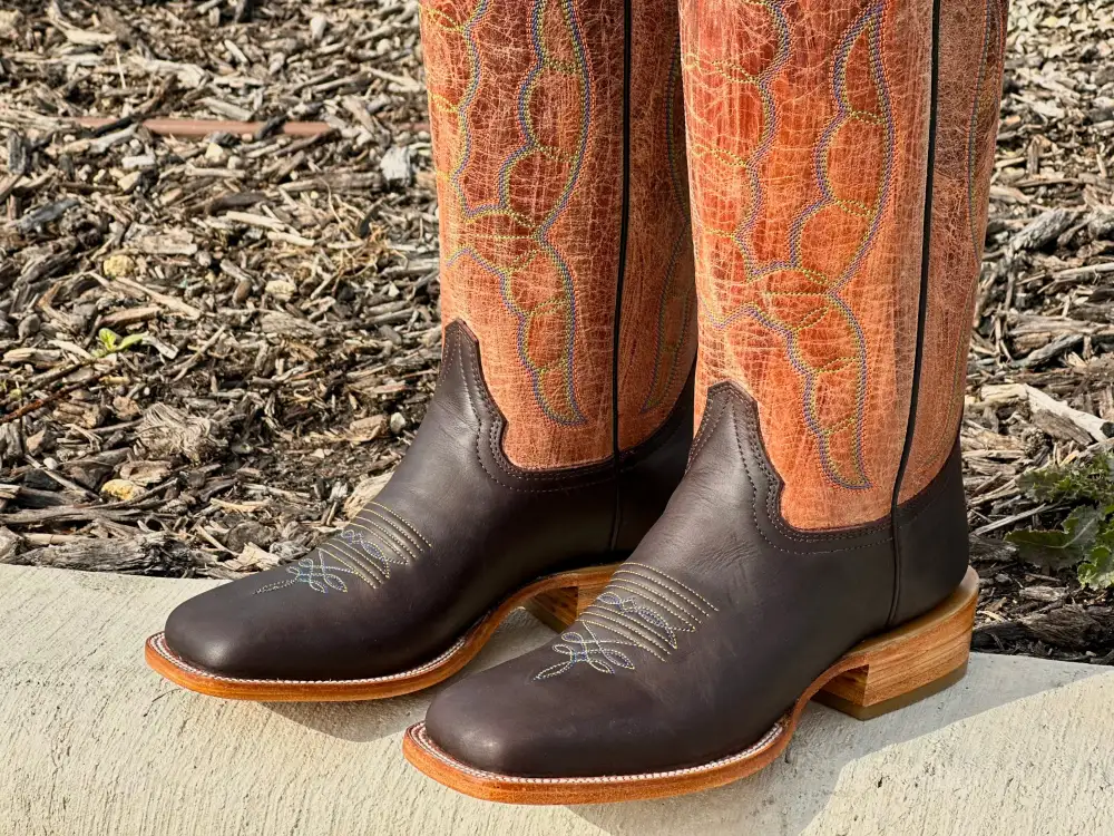 Mens Brown Pull Leather Boots With Orange Shaft