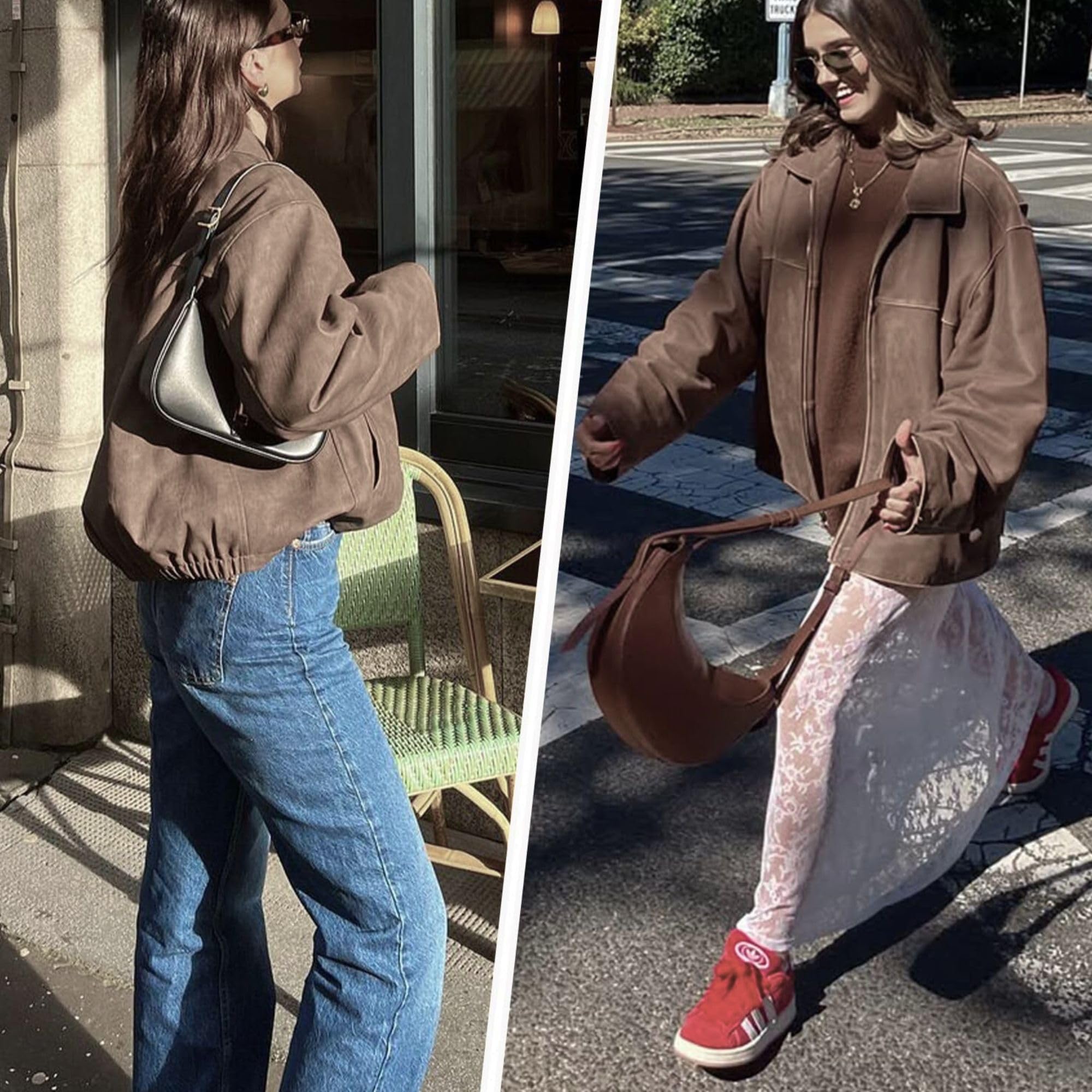 Xunger Women's Faux Suede Bomber Jacket Spring Lapel Pilot Coat Casual Oversized Long Sleeves Trendy Streetwear Outerwear