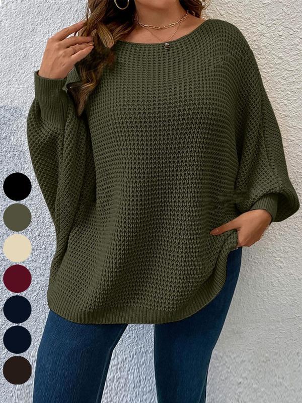 Women's Solid Color Knitted Boat Neck Batwing Sleeve Casual Classic Elegant Pullover Sweater, Autumn/Winter Fall Outfit