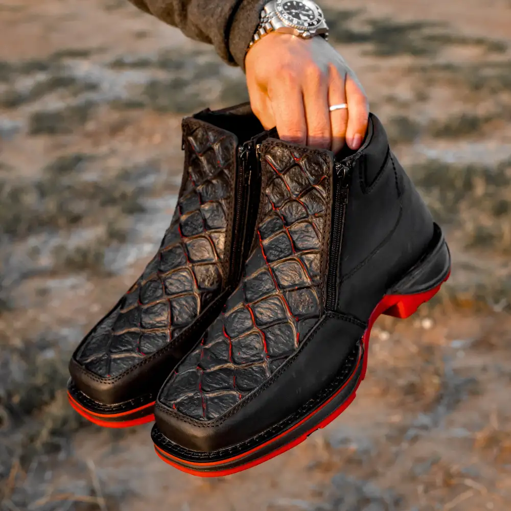 Matte Black Cherry Pirarucu Leather Botin With 3D Lightweight Soles - Square Toe