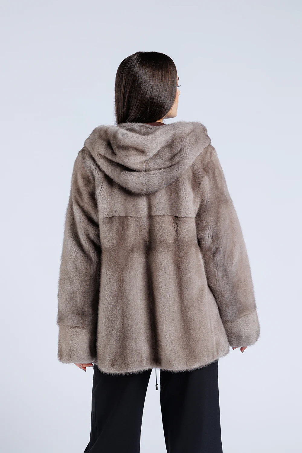 Haină din Blană Naturală de Vizon, cu Glugă, Femei, Silver Blue 206