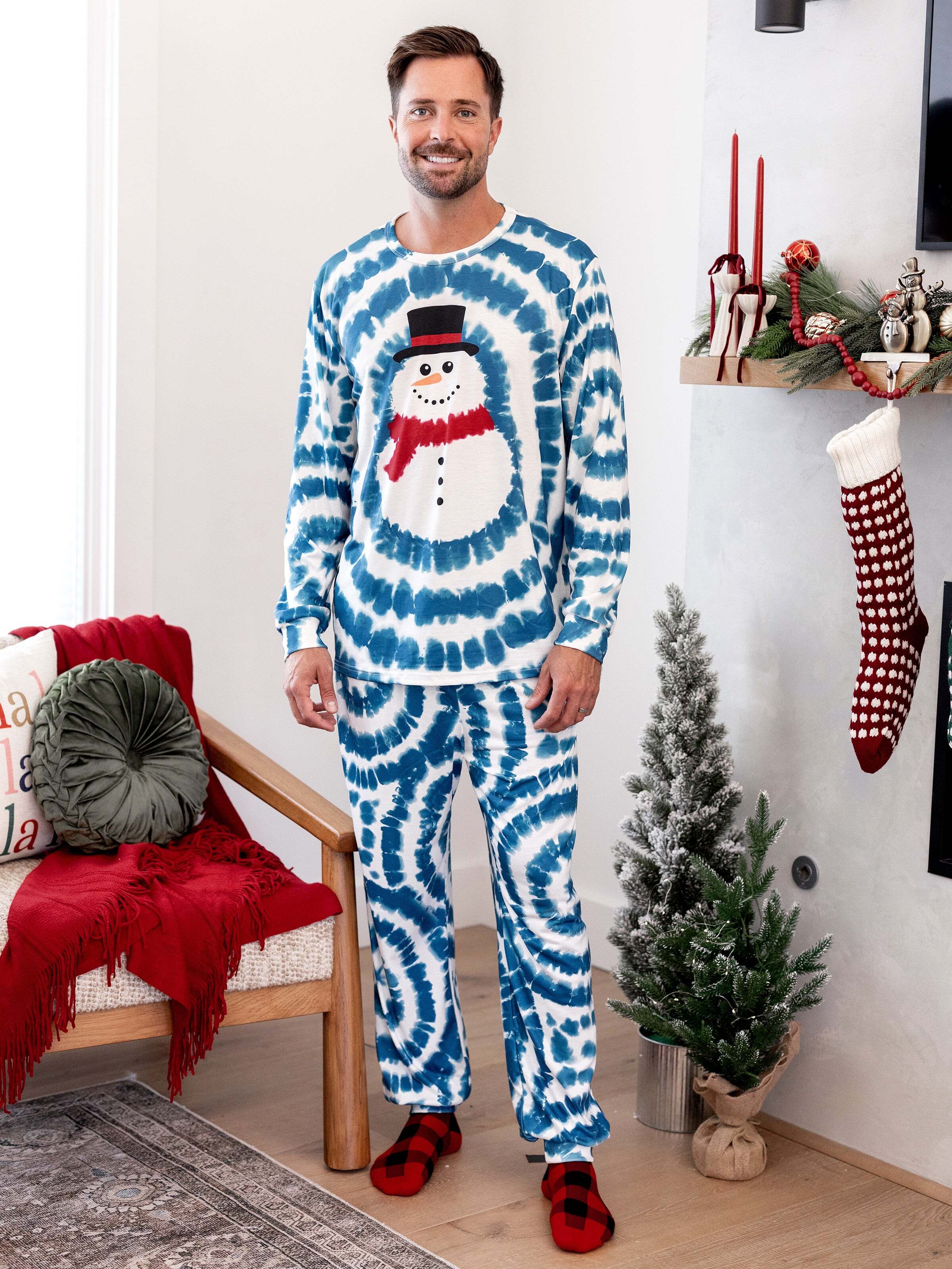 Christmas Matching Family Pajamas Set Tie-dye Snowman Print Blue PJS with Christmas Socks Deep Blue