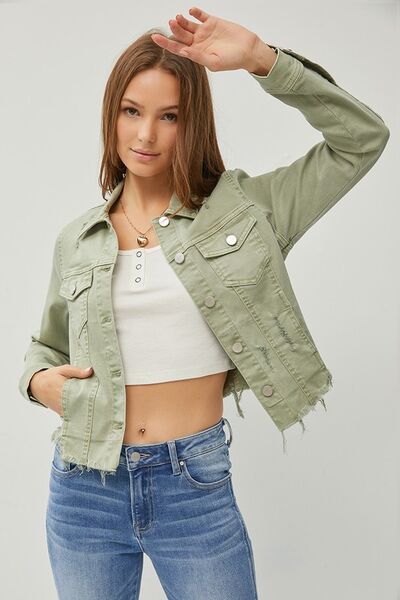 Full Size Raw Hem Button Up Cropped Denim Jacket Plus Size