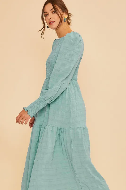 Wear Textured Smocking Bodice Tiered Midi Dress