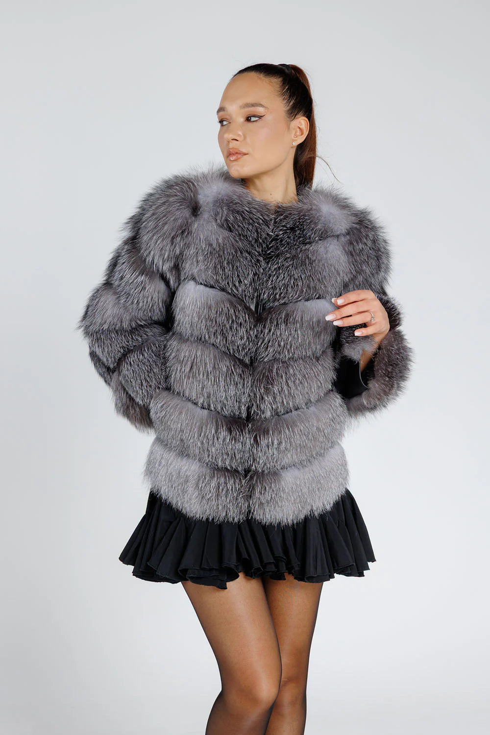 Haină din Blană Naturală de Vulpe Argintie, cu Mâneci Detașabile, Femei, Grey Frost 235