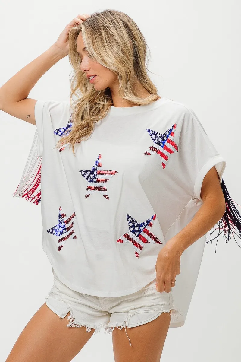 American Flag Sequin Star Fringe Top