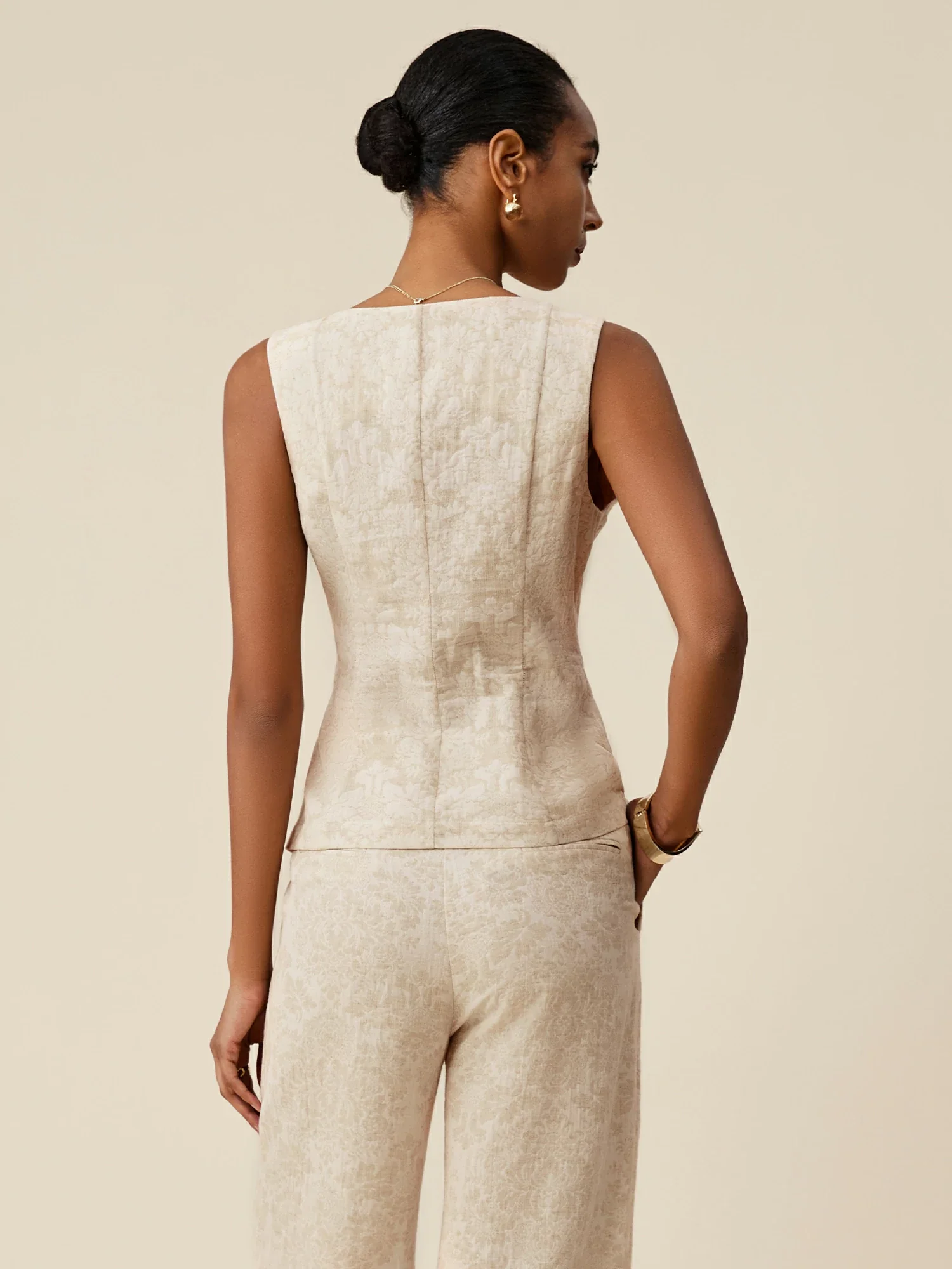 Cotton & Linen Square Collar Jacquard Vest