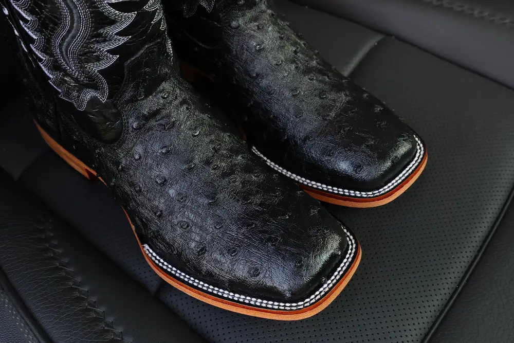 Men’s Black Ostrich Leather Boots — Square Toe