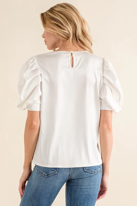 Plain Satin Puff Shirring V Neck Blouse Top