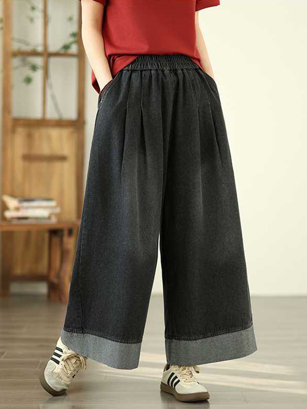 Elasticity Pleated Pockets Loose Wide Leg Trousers Jean Pants Bottoms